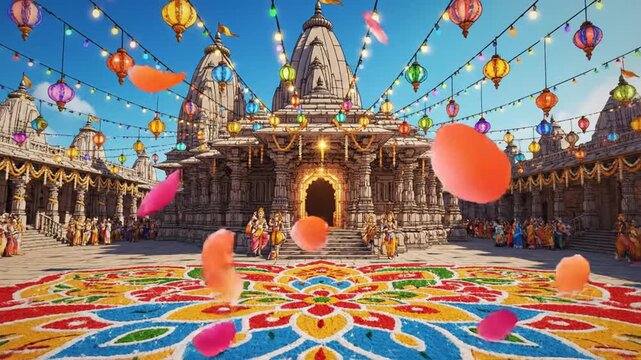 Ayodhya Temple Celebration Cartoon Style Festive India Hindu Festival