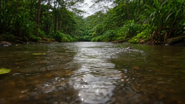 Low angle tropical rainforest creek flowing peacefully.