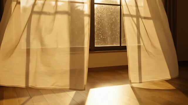 Delicate golden light shining through gently waving sheer curtains in a window casting soft shadows indoors. 4k resolution video 30fps.