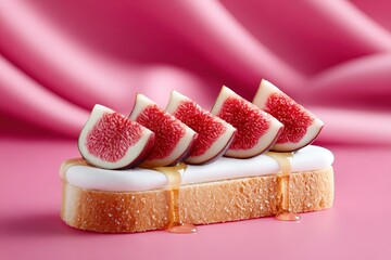Figs on Toast with Honey and Cream on Pink Background
