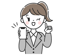 スマホを持った女性社員　指差し