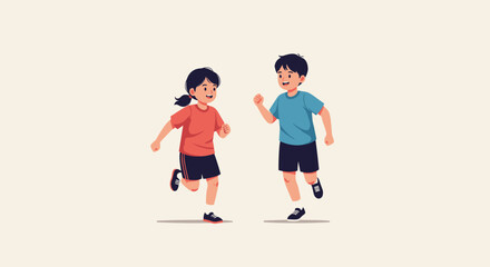 Fototapeta premium A happy boy and girl smiling and enjoying a run together, illustrating childhood friendship, play, and healthy active lifestyles.