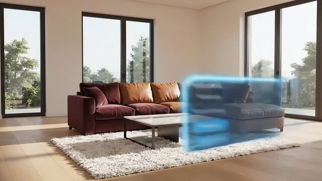 Dynamic furniture shopping experience with augmented reality interior design app demo. no people. 4k resolution video 30fps.