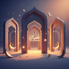 An illuminated archway with crescent moons and stars, symbolizing Ramadan, viewed from the front in a serene nighttime setting, image (162).png