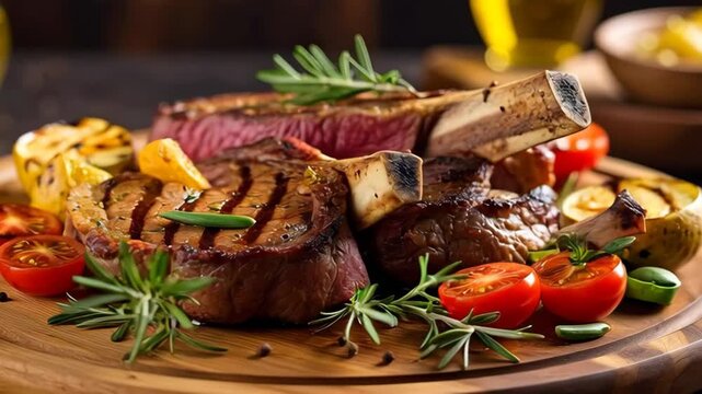Juicy grilled tomahawk steaks with rosemary, grilled lemon, and cherry tomatoes on a wooden board