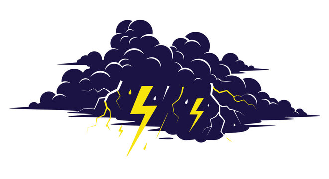 Dramatic storm clouds with bright yellow lightning bolts on a white background