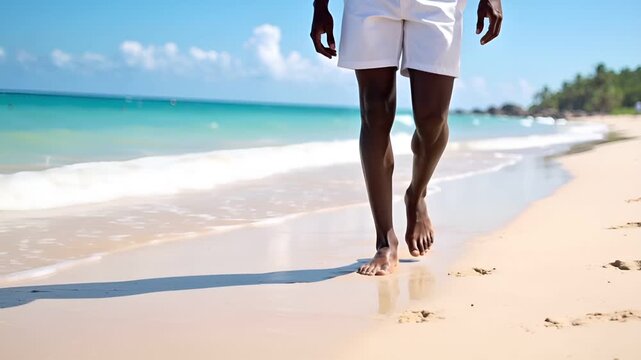 夏の日差しを受けた砂浜を歩く下半身だけを切り取った、ミニマルな屋外シーン。
顔や個人を特定できる要素を排除し、リゾート感と自由な雰囲気を表現しています。
背景はシンプルで、広告コピーやSNS用テキストを配置しやすい余白構成。
夏休み、旅行、ビーチ、ライフスタイル訴求に適したストックフォトです。