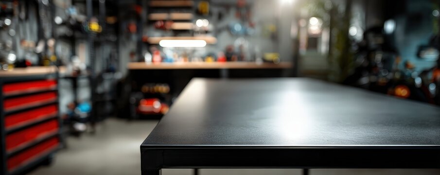 Empty Black Workbench in Modern Garage with Shelves and Tools