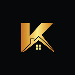Luxury real estate K logo with golden house icon, K letter logo