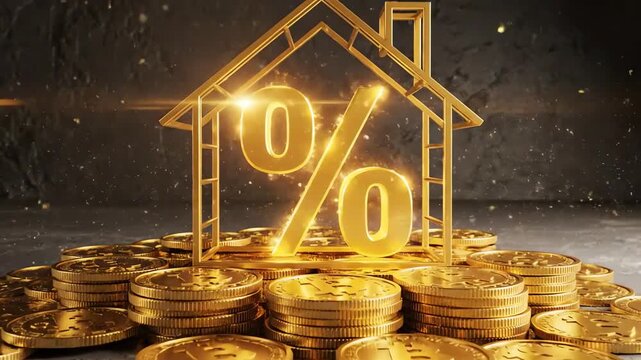 Gold luminous symbol percent in house on stack of gold coins on grey concrete background. Housing construction, discount, coupon, purchase, sale, realtor, mortgage, insurance, booking. 4k resolution.