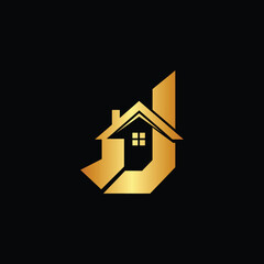 Golden house logo with arrow pointing up, symbolizing growth and prosperity, J letter logo