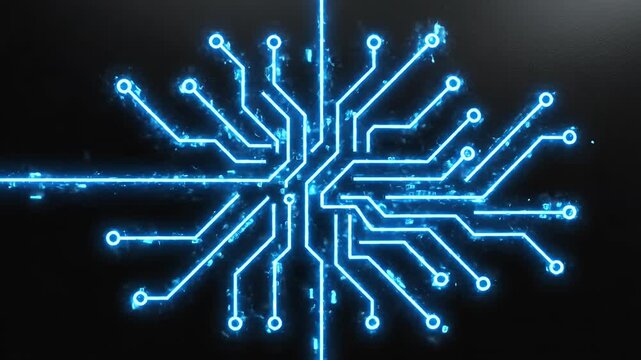 Futuristic Neon Circuitry Snowflake Pattern in Blue.