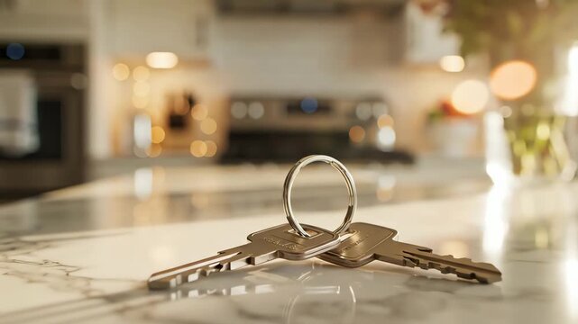 House keys on counter with blurred kitchen background symbolizing new home ownership. 4k resolution video 30fps.