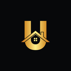 Golden house logo on black background for real estate branding, U letter logo