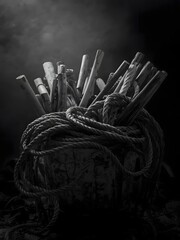 Dark Still Life of Wooden Sticks and Rope in Metal Bucket