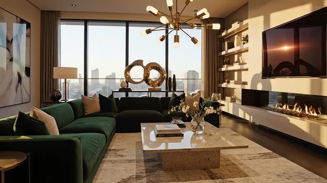 Luxe contemporary living room. 4k resolution video 30fps.