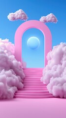 Pink Staircase Leading Through Cloud Archway with Blue Sun and Pink Clouds in Surreal Dreamlike Scene