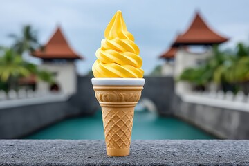 Yellow Soft Serve Ice Cream Cone in Front of Relaxing Poolside Resort with Traditional Roofs
