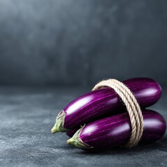 Purple Eggplants Bound with Rope on Dark Surface in Studio