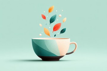 Colorful Leaf and Bubble Falling Into Teacup on Light Mint Background