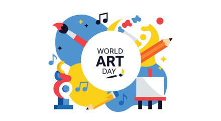 Obraz premium A vibrant abstract illustration displays various art supplies including a paintbrush, pencil, and easel, intermingled with music notes around a WORLD ART DAY text circle on a white background.