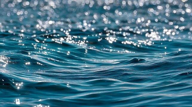 Close-up of sparkling blue water surface with gentle waves and sun reflections.