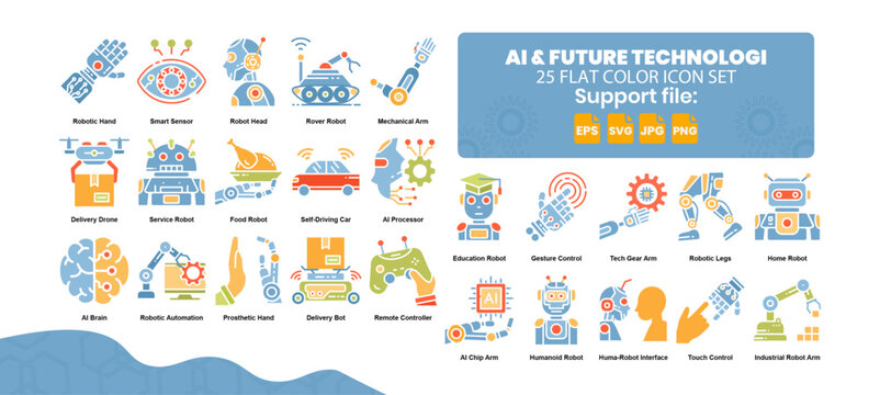 Set of 25 flat icon related to artificial intelligence and future technology.