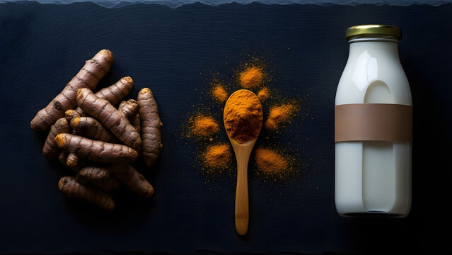 Turmeric Roots Powder and Milk Bottle.