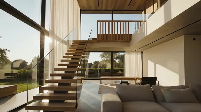 Minimalist double floor home interior with wide windows, sunlight and staircase leading to upper level. 4k resolution video 30fps.