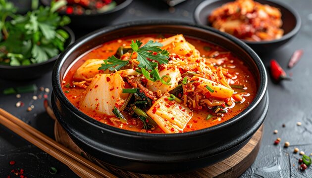 Spicy Korean Kimchi Stew with Tofu and Vegetables.