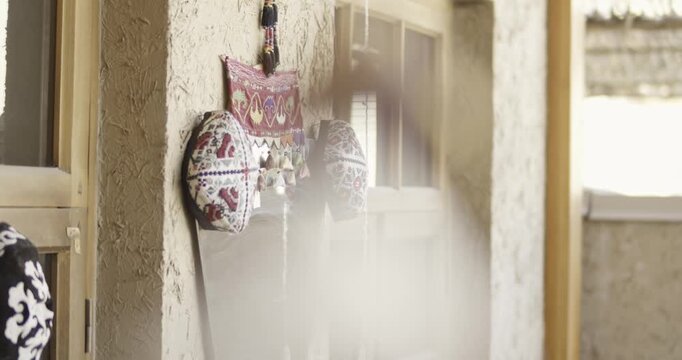 Traditional handmade asia dolls in a row, shallow depth of field
