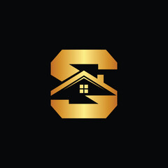 Luxury gold letter S logo with house icon for real estate branding, S letter logo