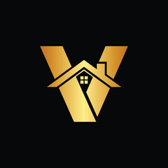 Luxury gold real estate logo with house and letter V, V letter logo