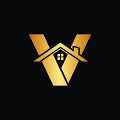 Golden house logo on black background for real estate branding, V letter logo