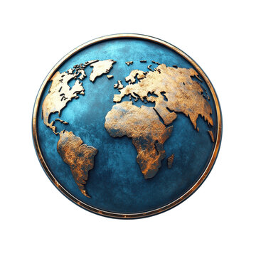 3D globe with metallic world map in blue and gold isolated PNG with Transparent Background