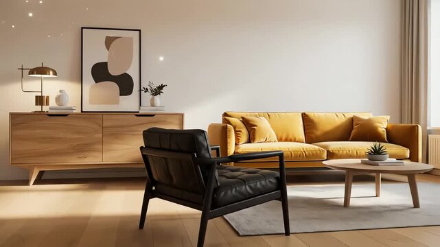 Modern interior design of scandinavian apartment, living room with yellow sofa, sideboard and black armchair 3d animation. motion video. 4k resolution video 30fps.