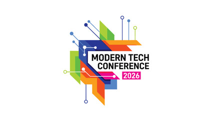 Fototapeta premium A dynamic and colorful geometric logo, composed of overlapping vibrant shapes and interconnected dots, displays MODERN TECH CONFERENCE 2026 in its center on a clean white background.
