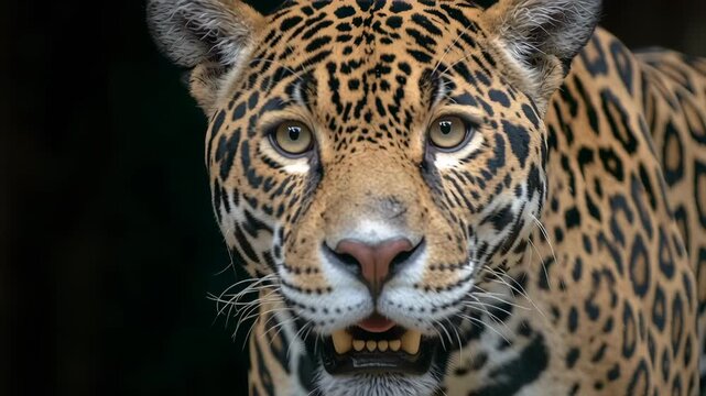 Jaguar close-up portrait sequence. Wild big cat face from neutral stare to wide mouth open. Majestic feline expression change in wildlife video capture