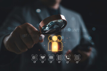 Recruitment and talent acquisition concept with magnifying glass and checklist showing candidate selection of hiring process, HR management, workforce planning and human resource strategy.