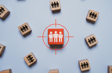 Recruitment and talent selection concept with highlighted target group icon representing human resources strategy, hiring process, candidate selection, workforce planning and team management.
