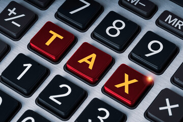 Red TAX keys on calculator keypad representing taxation, financial planning accounting, business expense for government revenue, corporate finance and economic cost management by TAX concept.