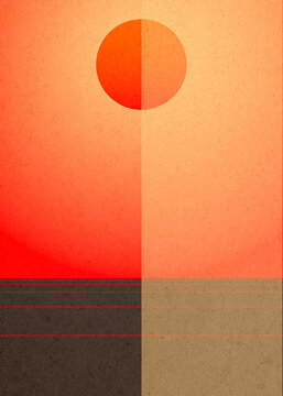 Abstract illustration of sunset sun above arid horizon background