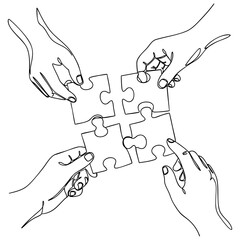 Continuous line art of two hands joining puzzle pieces, partnership and unity concept, elegant monoline illustration, simple composition, white background © Alvian
