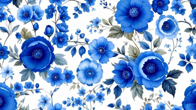 Vibrant blue floral pattern with detailed blossoms and leaves on a white background