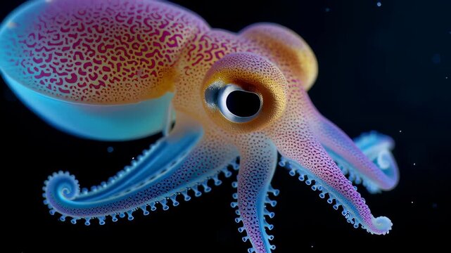 Cute flapjack octopus with big expressive eyes in colorful underwater scene. Marine creature animation showing tentacle movements and vibrant display. Ocean exploration concept for wildlife
