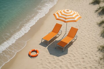 Obraz premium Orange beach chairs and umbrella on sunny tropical shore with lifebuoy ring.