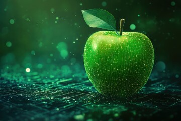 Green apple with leaf surrounded by sparkling particles on a digital background