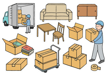 引っ越しにまつわる手描きイラストセット