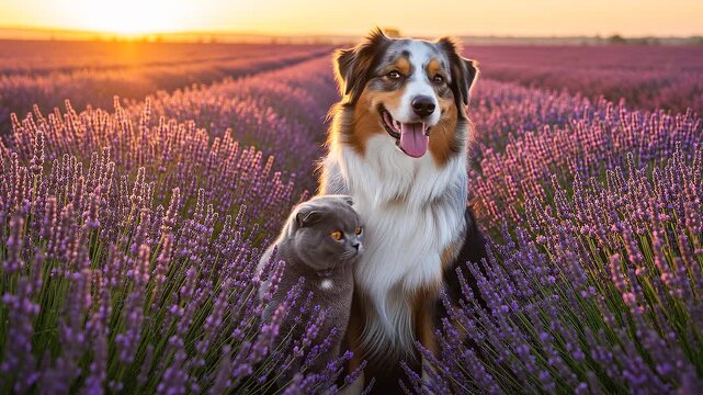 Australian shepherd dog and grey cat sitting together in lavender field during golden sunset