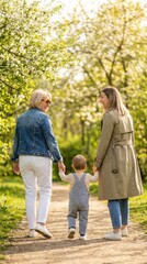 Fototapeta premium Rear View of Trendy Active Senior Woman Walking Hand in Hand with Daughter and Grandchild in Sunny Spring Park